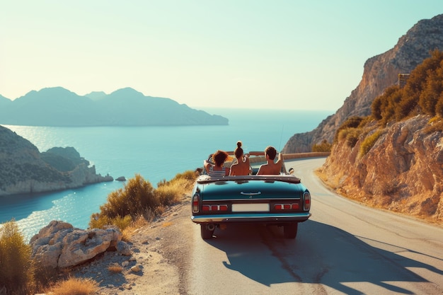 amis en décapotable lors d'un road trip en montagne et vue sur la mer au coucher du soleil