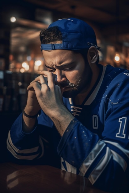 Des amis déçus regardant un match de football contrariés par la perte buvant de la bière dans l'IA générative