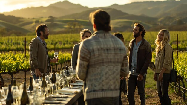 Photo des amis dégustent du vin dans une belle vigne.