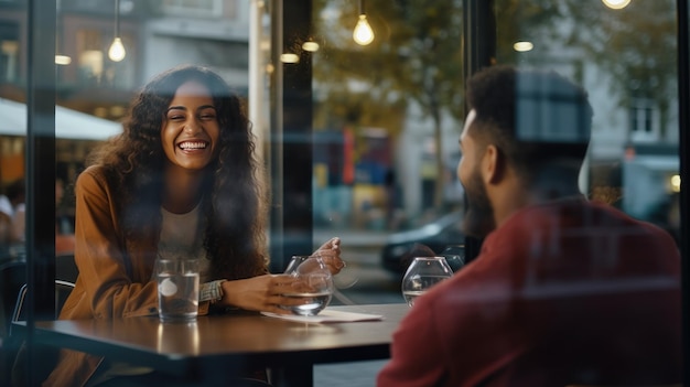 Des amis discutent avec des rires remplissant un espace confortable en profitant de boissons avec une bonne conversation au café