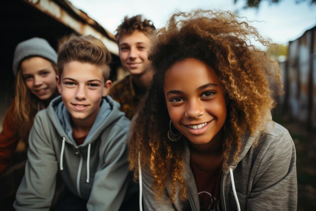 Des amis divers et joyeux se tiennent ensemble dans la rue.