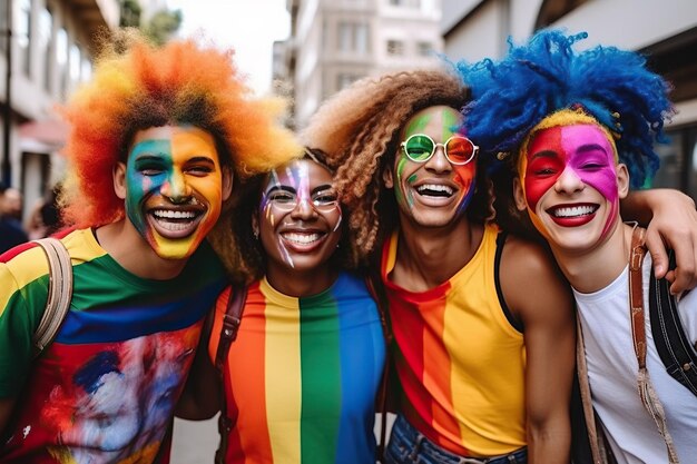 Photo des amis divers rient avec de la peinture colorée sur le visage