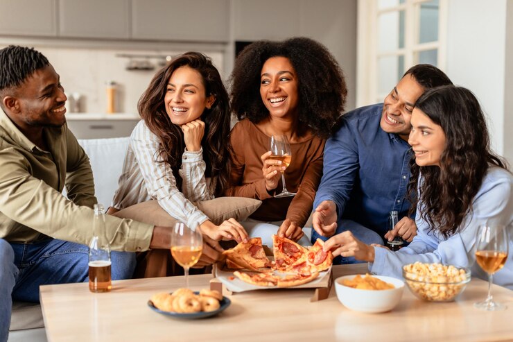Photo des amis divers se réunissent pour un dîner à la maison avec de la bière et de la pizza