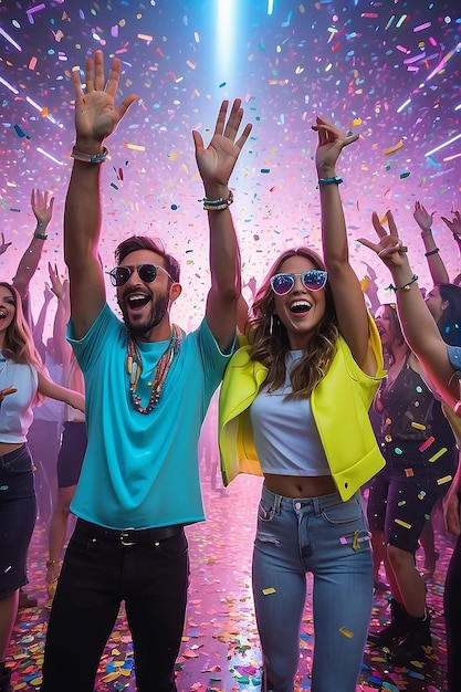 Les amis du festival d'entreprise sur une disco moderne au néon avec des confettis volants les mains en l'air