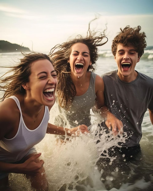 Des amis éclaboussent dans l'océan, leur joie et leurs rires résonnent sur la plage