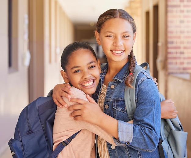 Amis de l'école et portrait d'enfants se serrant dans le couloir excités pour l'apprentissage en classe et la leçon à l'école primaire L'amitié de l'éducation et les jeunes filles embrassent le sourire et sont heureux ensemble