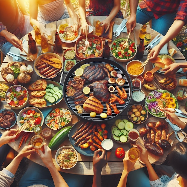 Les amis d'été s'amusent au barbecue dans le soleil