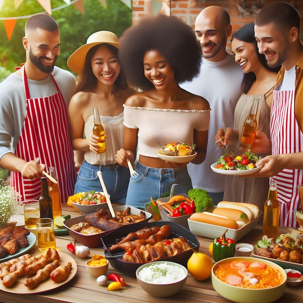 Les amis d'été s'amusent au barbecue dans le soleil