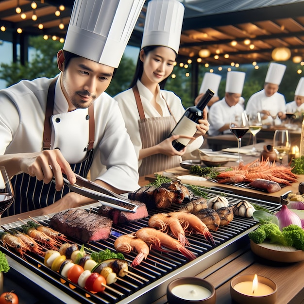 Les amis d'été s'amusent au barbecue dans le soleil