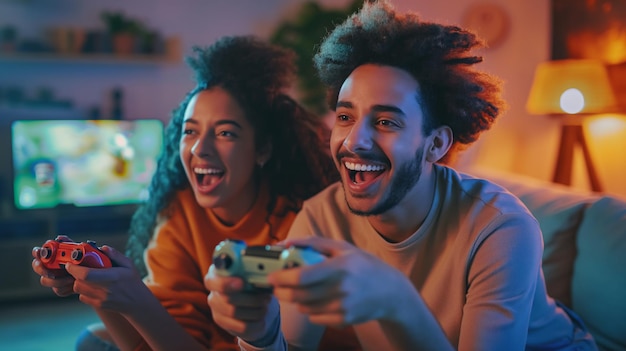 Des amis excités jouant à des jeux vidéo sur une console à la maison Des amis enthousiastes se rassemblent à la maison absorbés par des jeux vidéo multijoueur sur une console rayonnant de joie et de camaraderie
