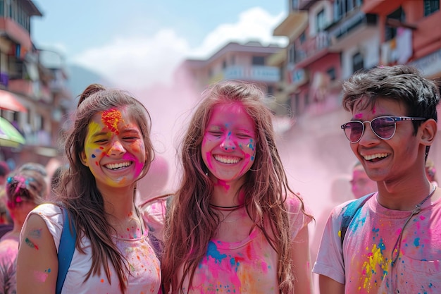 Des amis avec des expressions joyeuses célébrant la fête de Holi