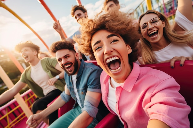 Photo amis faisant des montagnes russes au parc d'attractions personnes au parc d'attractions générative ai