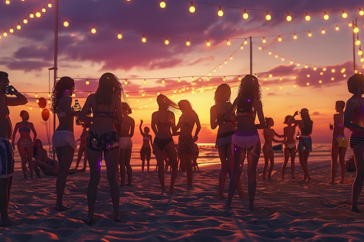 Photo des amis à une fête sur la plage.
