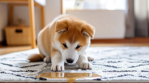 Photo les amis de la flaque captivants le chiot akita inu explore le tapis de la maison