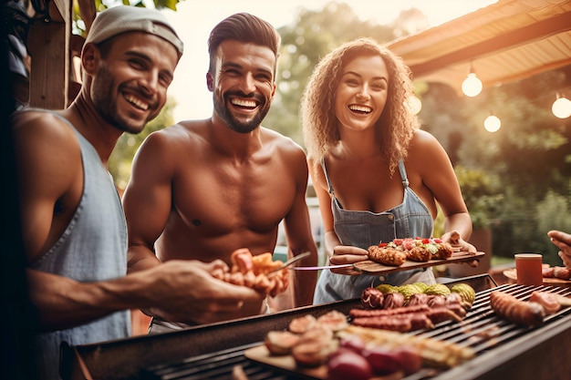 Des amis font un barbecue lors d'un pique-nique.