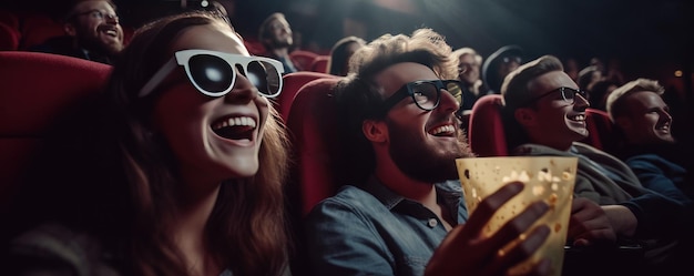 Photo des amis heureux assis au cinéma regardent un film generative ai