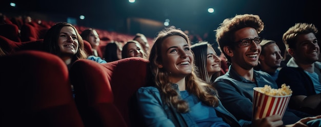 Des amis heureux assis au cinéma regardent un film Generative ai