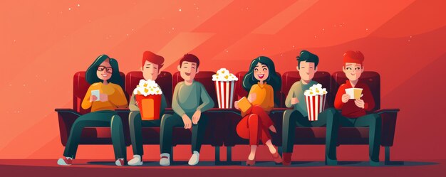 Des amis heureux assis au cinéma regardent un film Generative ai