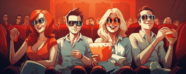 Des amis heureux assis au cinéma regardent un film Generative ai