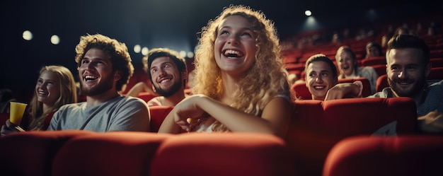 Des amis heureux assis au cinéma regardent un film Generative ai