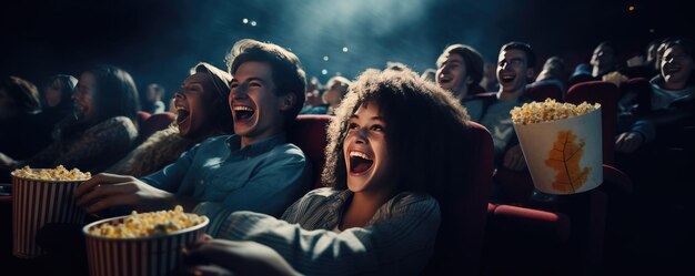 Des amis heureux assis au cinéma regardent un film Generative ai