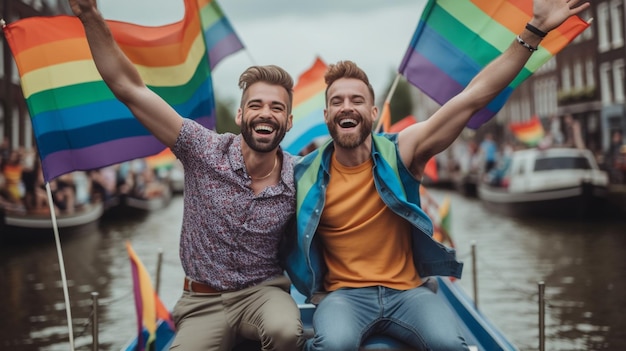 Amis heureux au défilé de la fierté LGBTQ à Amsterdam Célébration de la fierté d'Amsterdam