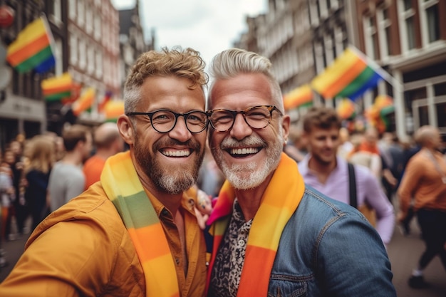 Amis heureux au défilé de la fierté LGBTQ à Amsterdam Célébration de la fierté d'Amsterdam