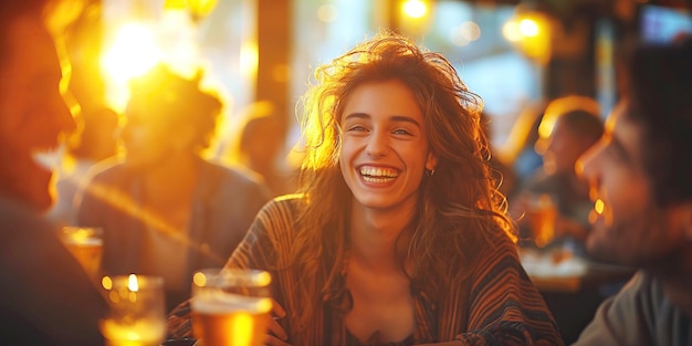 Des amis heureux boivent de la bière rient et parlent à l'intérieur du bar au coucher du soleil