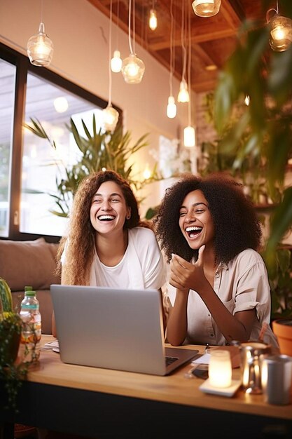 Photo des amis heureux célébrant et travaillant ensemble à la maison à l'aide d'un ordinateur portable