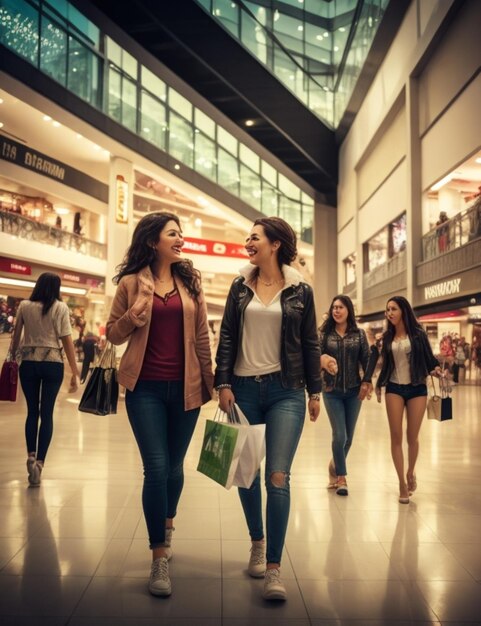 des amis heureux célèbrent un achat dans un centre commercial en Colombie