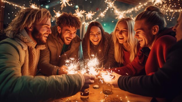 Des amis heureux célèbrent Noël avec des étincelles