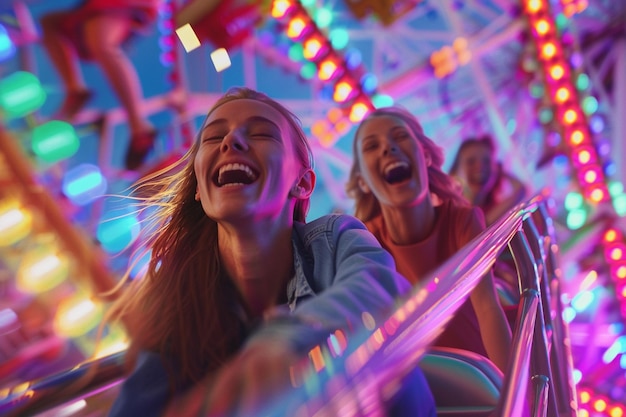 Photo des amis heureux à chevaucher une roue de ferris ensemble à un