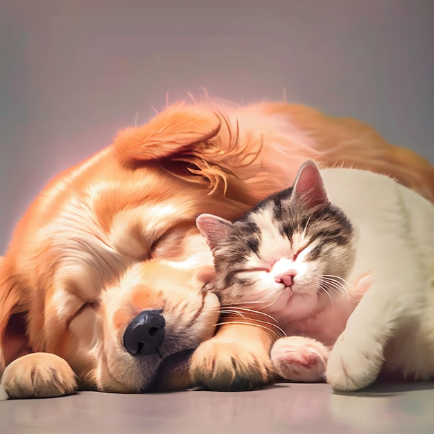 Amis heureux de chien et de chat dormant ensemble