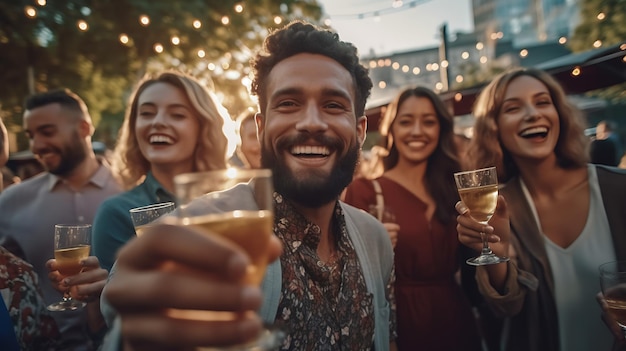 Des amis heureux dînant à une fête d'été dans le jardin Créé avec la technologie d'IA générative