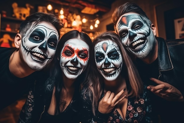 Amis heureux avec un maquillage effrayant Monstre mascarade Maquillage d'Halloween sur les visages Acteurs amusants de la salle d'évasion Clowns effrayants faisant des grimaces Illustration de l'IA générative