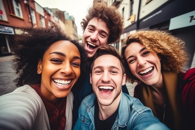 Des amis heureux multiculturels s'amusant et prenant une photo de groupe