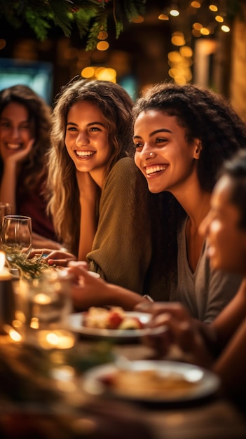 Photo des amis heureux profitant d'un dîner festif ensemble