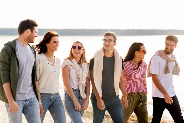 Des amis heureux se promenant le long de la plage d'été