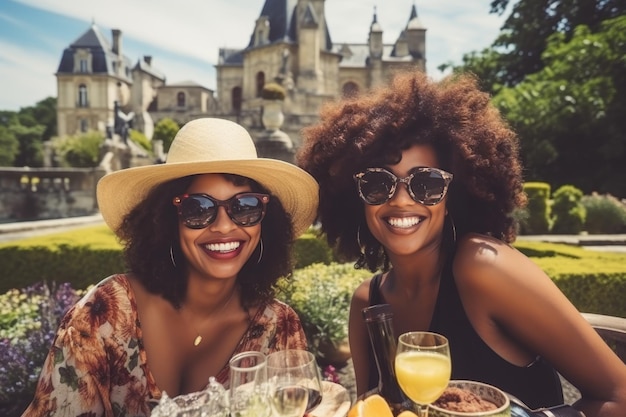 Des amis heureux sont assis sur la véranda extérieure d'un restaurant sur le fond d'un château médiéval