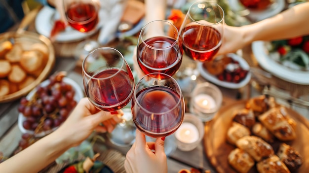 Des amis heureux en train de boire du vin rouge à une fête d'été.