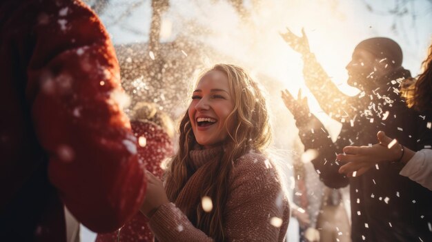 Photo des amis heureux vêtus de vêtements d'hiver célèbrent les fêtes de noël.