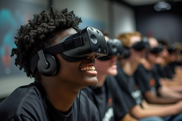 Amis immergés dans une expérience de réalité virtuelle en groupe