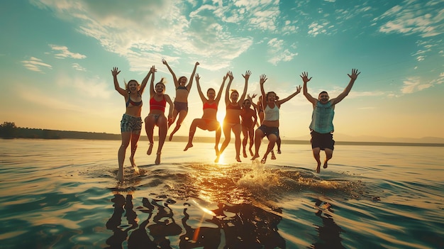 Photo des amis insouciants sautent dans le lac au coucher du soleil