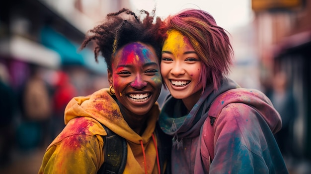 Photo des amis interraciaux tachés de peinture en poudre concept du festival holi