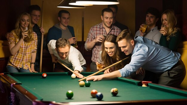 Photo des amis jouant au billard.