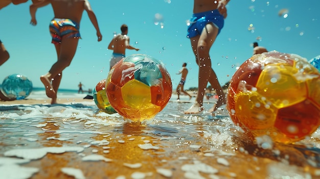 Photo amis jouant au football de plage par une journée ensoleillée au spa voisins en vacances arrière-plan créatif