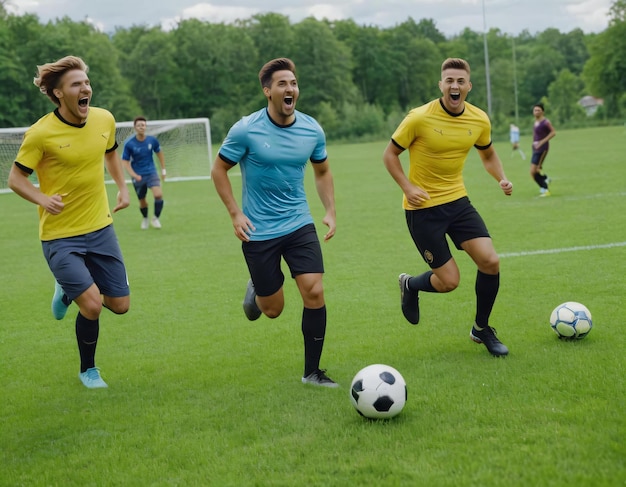 Des amis jouant au football sur un terrain herbeux leurs cris d'excitation remplissent l'air