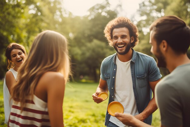 Photo amis jouant au frisbee dans le parc accompagnés de rires et de joie