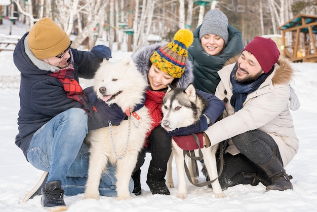 Amis jouant avec des chiens dans la neige