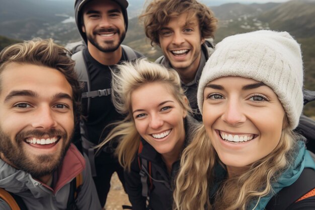 Amis joyeux prenant des selfies pendant des vacances Groupe d'hommes et de femmes à l'extérieur un jour d'été faisant un autoportrait